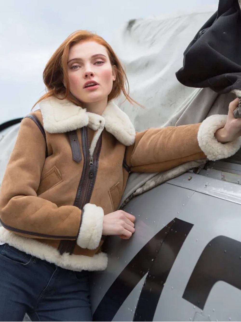 Cockpit USA Women’s Suede Shearling Aviator Jacket - Tan with Cream Trim